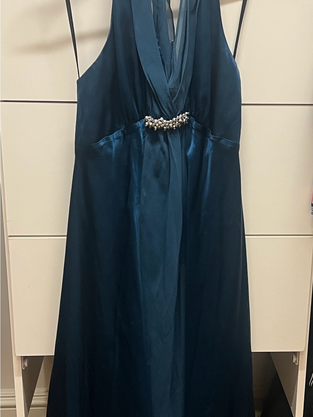 Donna Ricco Teal Satin T length Dress with Beaded front Accent